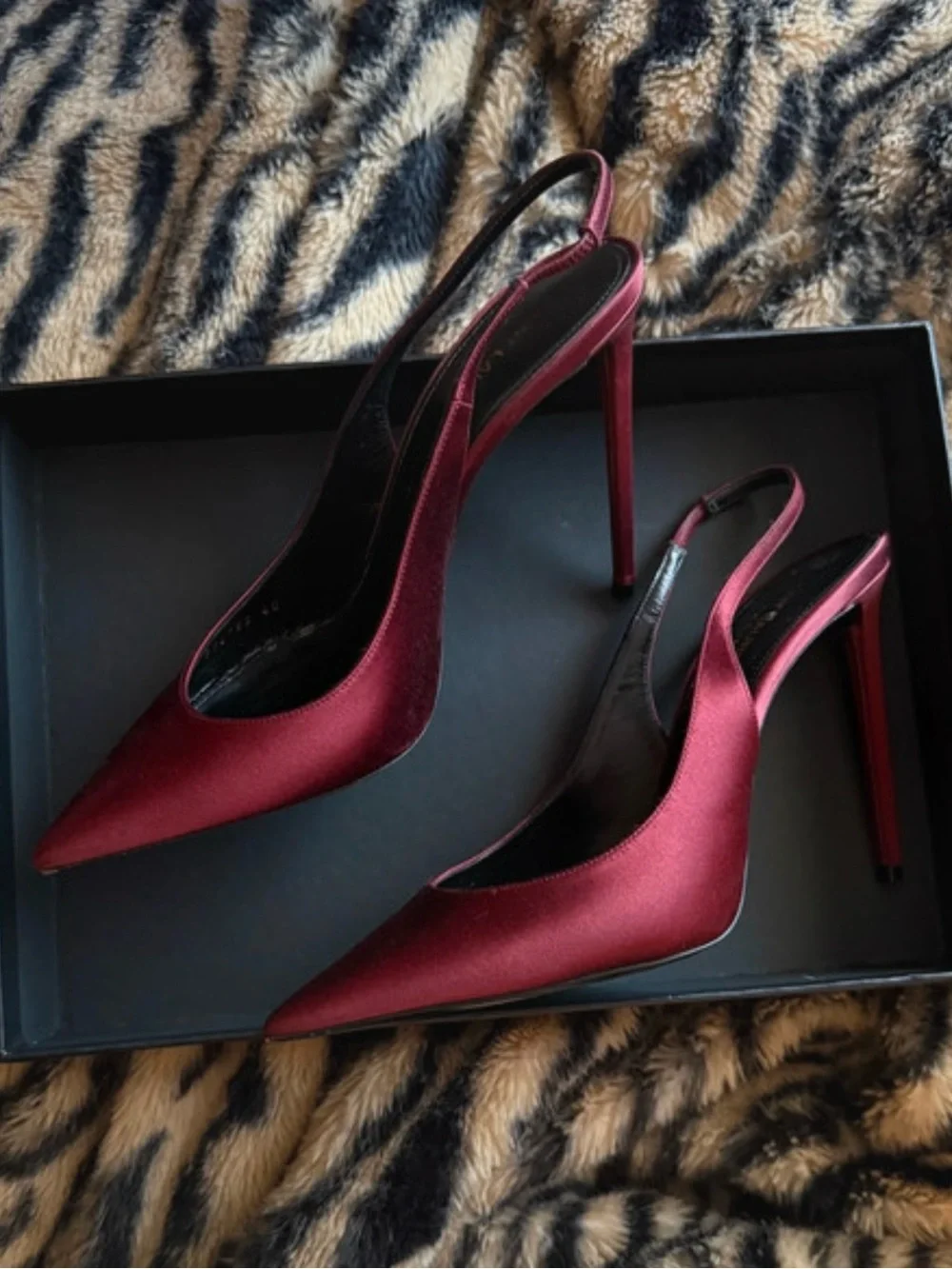 Saint Laurent Burgundy Satin Pointed Slingback Heels - Picture 2 of 8